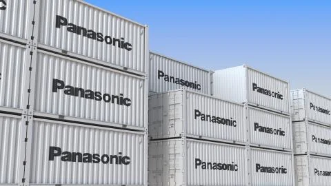 Container terminal full of containers with logo of Panasonic. Shipment, export Stock Illustration
