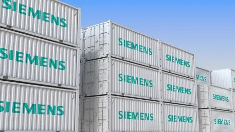 Container terminal full of containers with logo of Siemens. Shipment, export or Stock Illustration