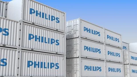 Container terminal full of containers with logo of Philips. Shipment, export or Stock Illustration