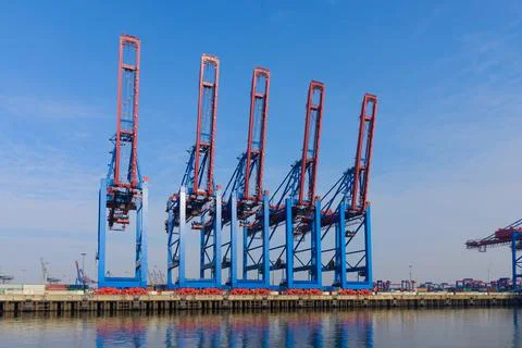 Container terminal gantry cranes for loading and offloading intermodal Stock Photos