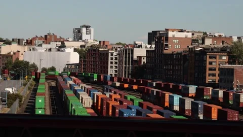 Container terminal on a large train station, many colorful cargo containers. Stock Footage 345270217