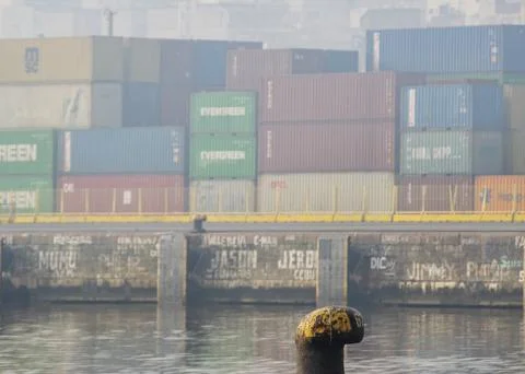 Container terminal with mooring bollard 스톡 사진