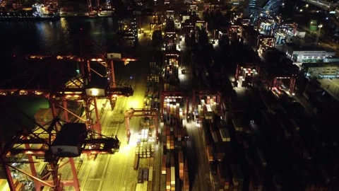 Container Terminal at Night, Hong Kong - Aerial Top Down View Stock Footage 246304405