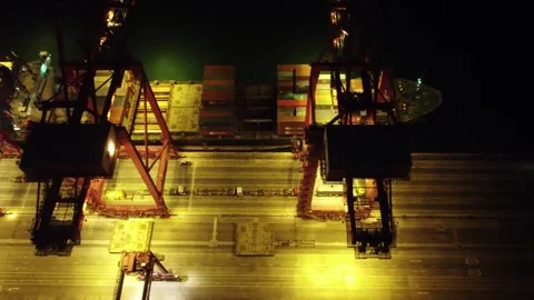 Container Terminal at Night, Hong Kong - Aerial Top Down View Stock Footage 246304413
