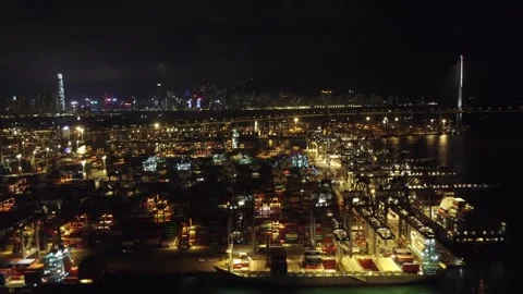 Container Terminal at Night, Hong Kong - Aerial Top Down View Stock Footage 246304479