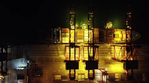 Container Terminal at Night, Hong Kong - Aerial Top Down View Stock Footage 246304485