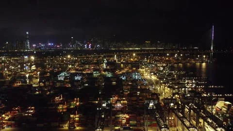 Container Terminal at Night, Hong Kong - Aerial View, Pull back shot Stock Footage 246304489