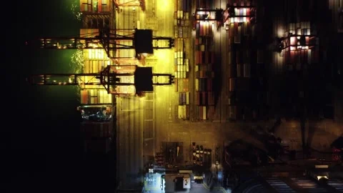 Container Terminal at Night, Hong Kong - Aerial Top Down View Stock Footage 246304490