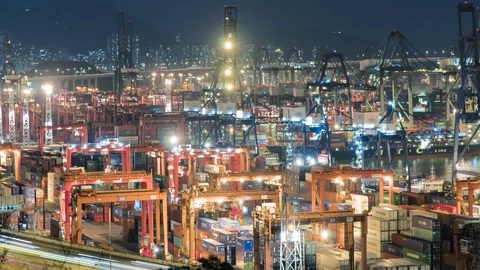 Container Terminal at Night Shipping containers on dock Panorama of Hong Kong Видео 118814778