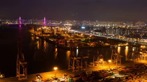 Container Terminal, Night View 4K Timelapse, Busan in South Korea Stock Footage 64021260