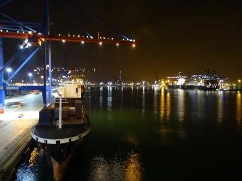 Container Terminal Operation at Night Stock Photos