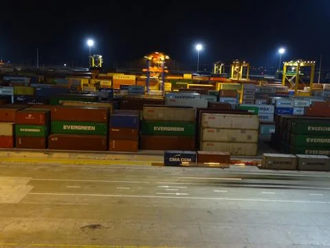 Container Terminal Operation at Night Stock Photos