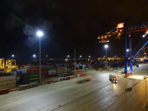 Container Terminal Operation at Night Stock Photos