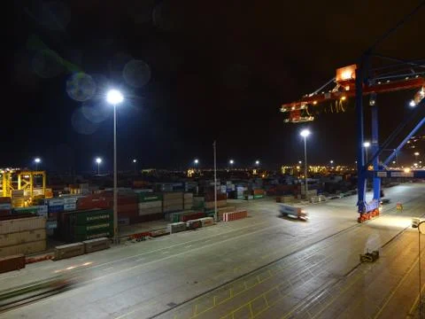 Container Terminal Operation at Night Stock Photos