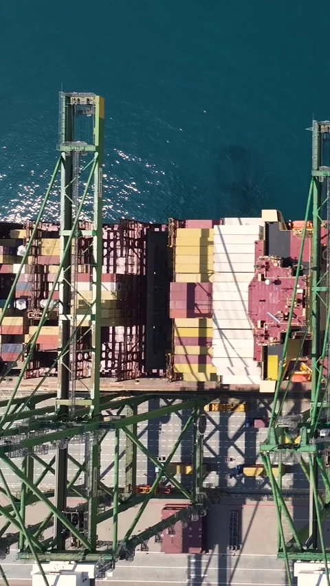 Container terminal operations with cargo ship and shipping containers Stock Footage 340234666