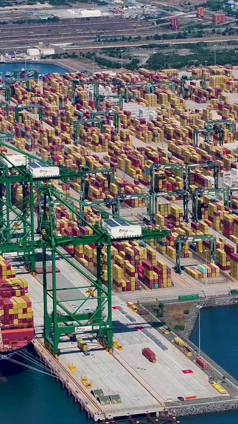 Container terminal operations with cargo ships and shipping containers Video stock 342321474