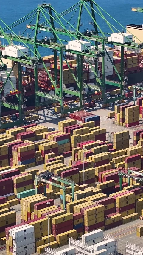 Container terminal operations at cargo terminal with shipping containers Video stock 340234561