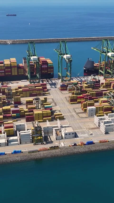 Container terminal operations with shipping containers and cargo ships Stock Footage 340235098