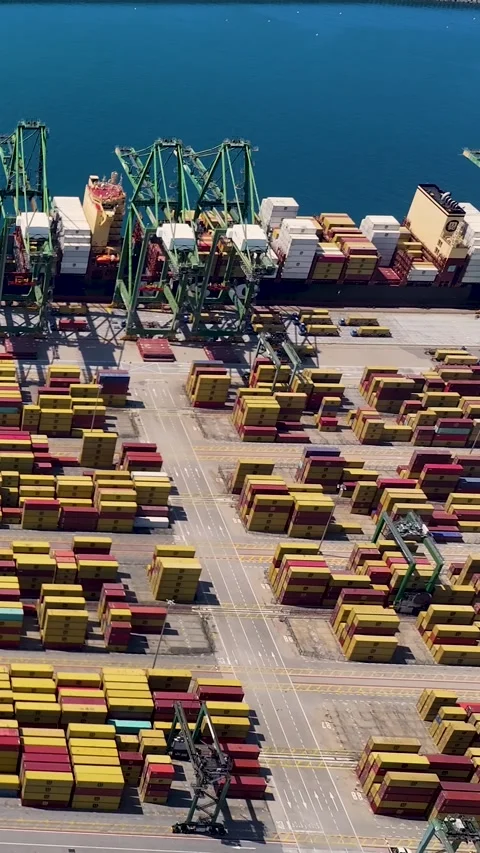 Container terminal operations with shipping containers and a container ship Stock Footage 340235362