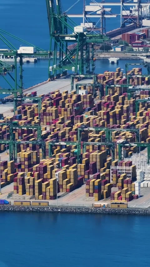 Container terminal operations with shipping containers and cargo ships Video stock 342321534