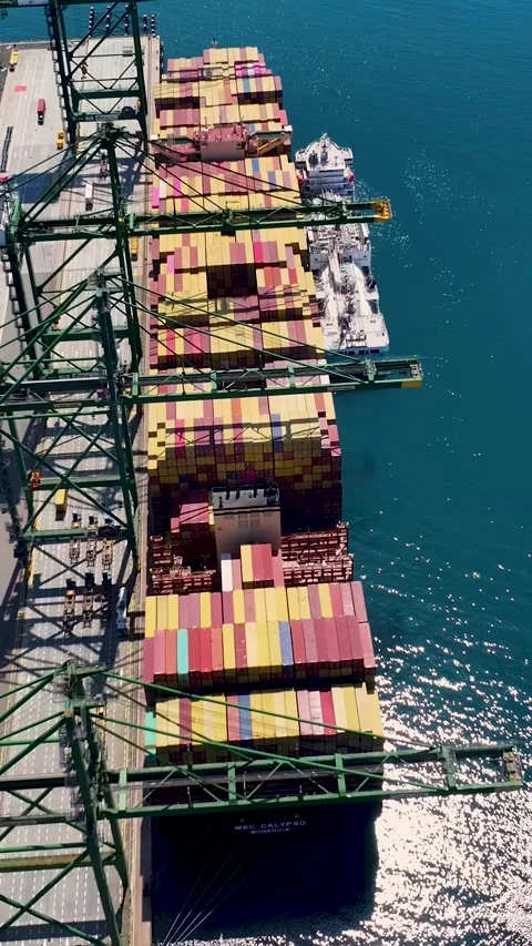 Container terminal operations with ships and cargo in a busy port Stock Footage 340235391