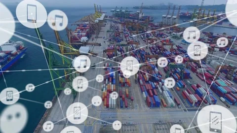 Container terminal receiving data feed, showing animated phone and music icons Stock Footage 332281323
