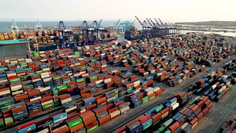 Container Terminal Rows and Gantry Cranes, 4K Stock Footage 160313317