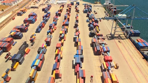 Container Terminal With Rows Of Colorful Stacked Shipping Boxes Stock Footage 339033132