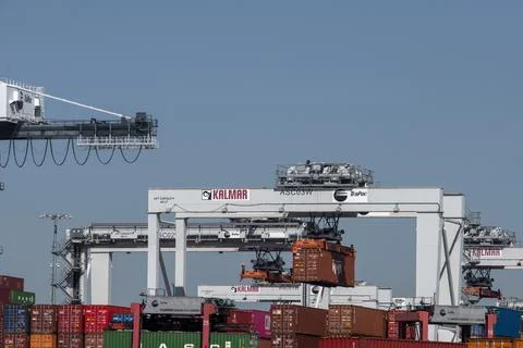 Container Terminal Shipping Containers loading cranes Port of Los Angeles LA Stock Photos