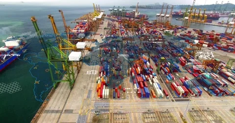 Container terminal showing container stacks and cranes, overlay spreading from Stock Footage 331832789