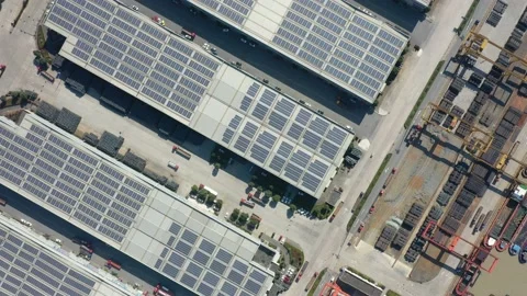 Container terminal with solar panels on factroy rooftop Stock Footage 166232093