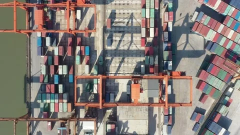 Container terminal with solar panels on factroy rooftop Stock Footage 166385727