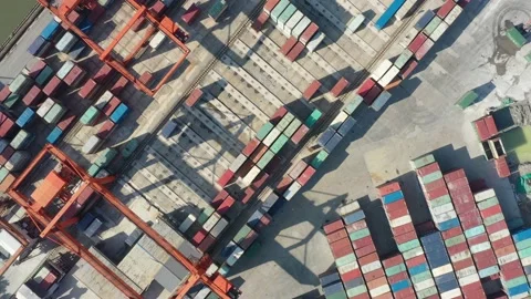Container terminal with solar panels on factroy rooftop Stock Footage 166386282