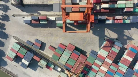 Container terminal with solar panels on factroy rooftop Stock Footage 166386971