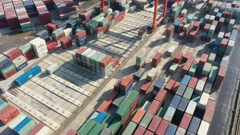 Container terminal with solar panels on factroy rooftop Stock Footage 166387433