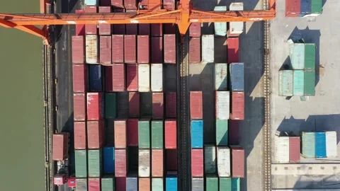 Container terminal with solar panels on factroy rooftop Stock Footage 166388201