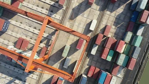 Container terminal with solar panels on factroy rooftop Stock Footage 166388340