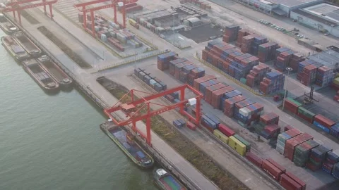 Container terminal with solar panels on factroy rooftop Stock Footage 167226210