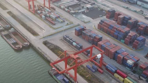 Container terminal with solar panels on factroy rooftop Stock Footage 167226475
