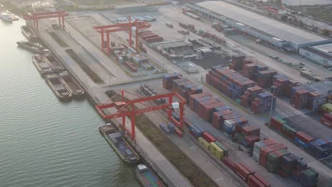 Container terminal with solar panels on factroy rooftop Stock Footage 167226482