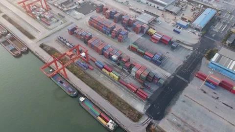 Container terminal with solar panels on factroy rooftop Stock Footage 167226627