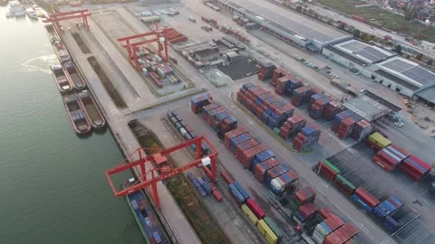 Container terminal with solar panels on factroy rooftop Stock Footage 167226636