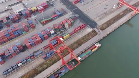 Container terminal with solar panels on factroy rooftop Stock Footage 167227082