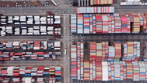 Container terminal - view from above, multi-colored containers and cranes Stock Footage 124368578