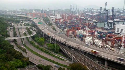 Container terminal wide overpass Hong Kong roads with heavy traffic Stock Footage 118629698