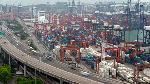 Container terminal wide overpass Hong Kong highway by modern harbour Stock Footage 118630222