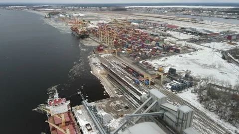 Container terminal in winter Stock Footage 150255533