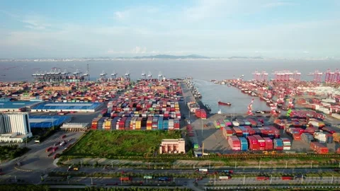 Container terminals on both sides of a harbor inlet at Guangzhou Port 스톡 동영상 346448301