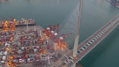 Container transport bridge river Video stock 274415163