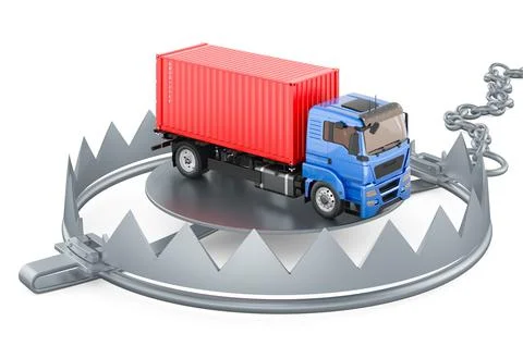 Container truck inside bear trap, 3D rendering Stock Illustration